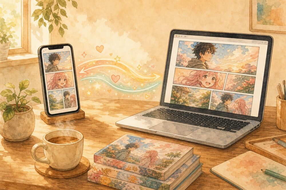 スマホとPCで漫画を読む連携のイメージ