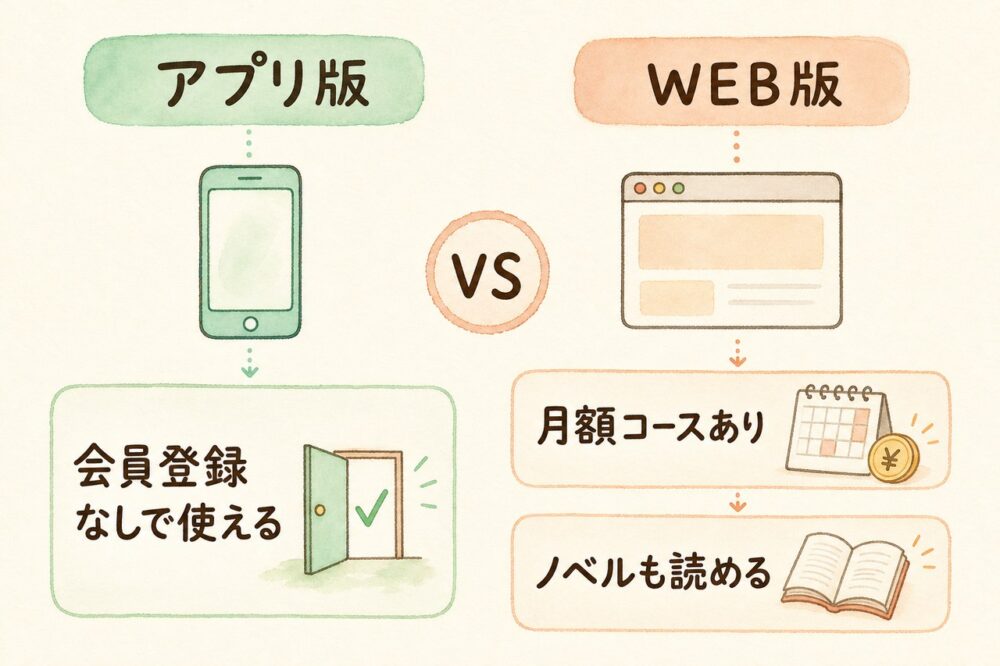 アプリ版とWEB版の主な違いを比較した図