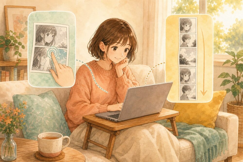 ソファで漫画の読み方を選んで楽しむ女性のイラスト