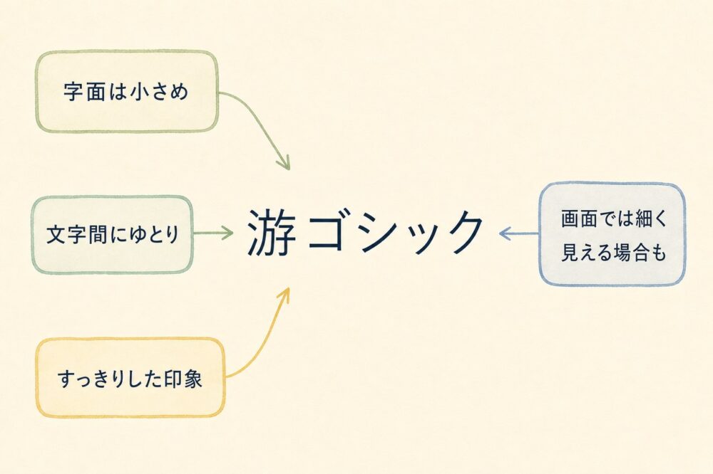 游ゴシックの設計上の特徴と画面表示の注意点を示す図