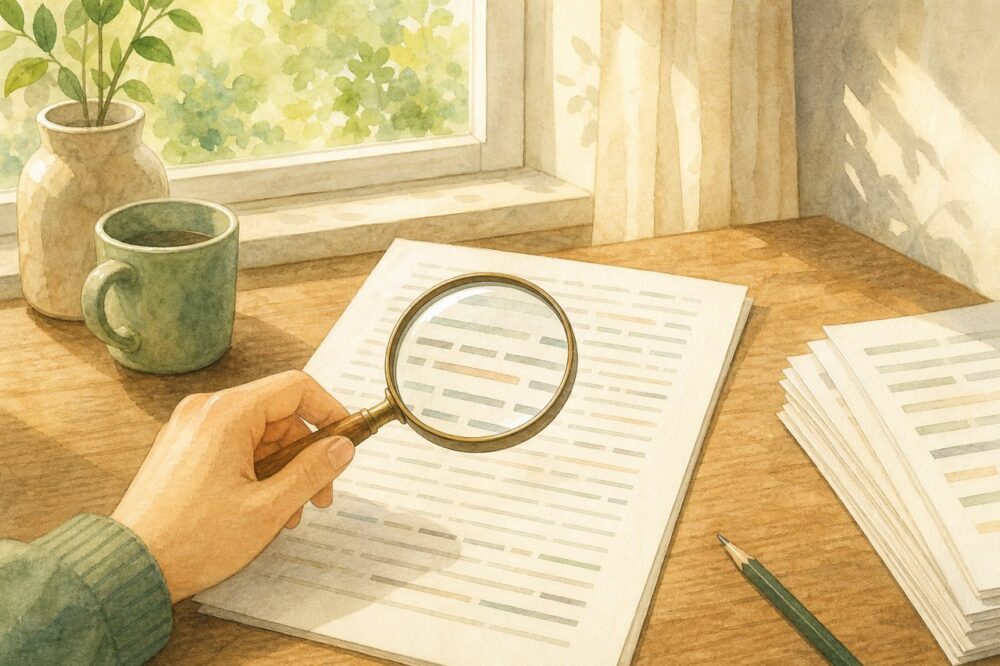 虫眼鏡で印刷した細かな文字の読みやすさを確認する手元