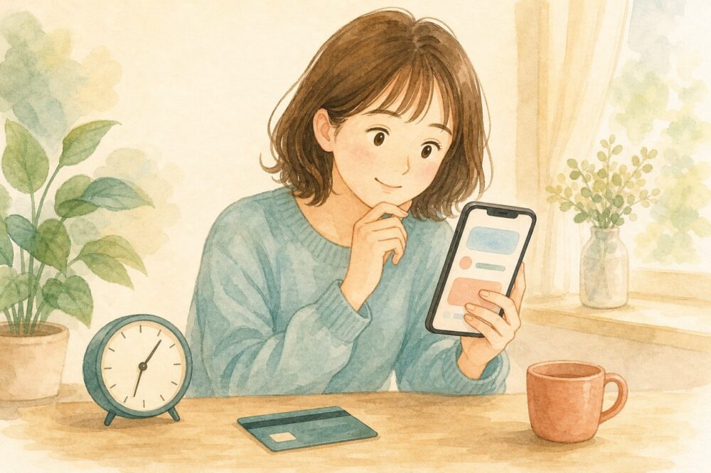 スマートフォンで返済状況を確認する人と銀行カード、時計