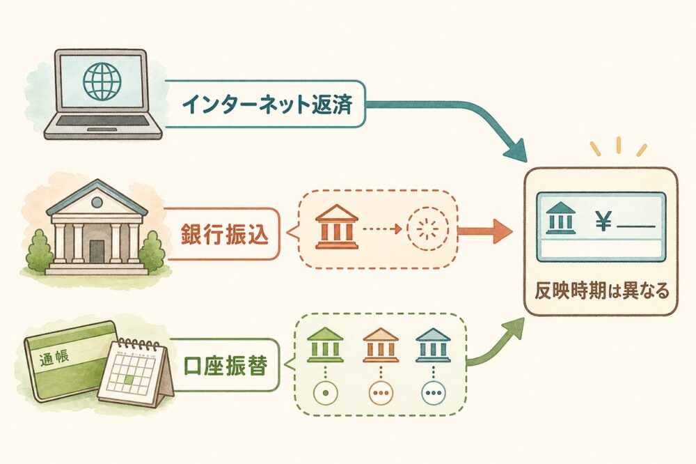 3つの返済方法で残高反映時期が異なる図