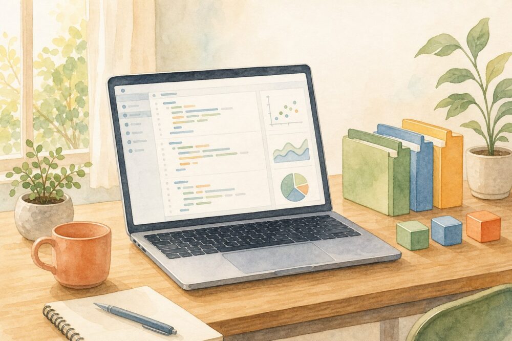 JupyterLabを開いたノートパソコンとPython環境を思わせる机