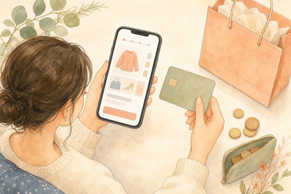 スマートフォンとプリペイドカードでネットショッピングを楽しむ様子