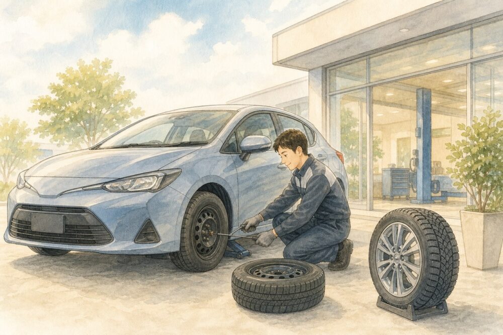 販売店スタッフが車のタイヤを交換する様子