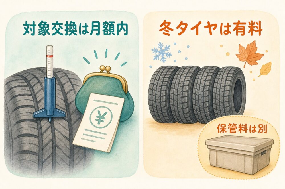 対象交換は月額料金内、冬タイヤは有料オプションで保管料は別と示す図