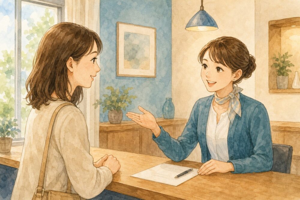 販売店スタッフと利用者がタイヤ交換を相談する様子