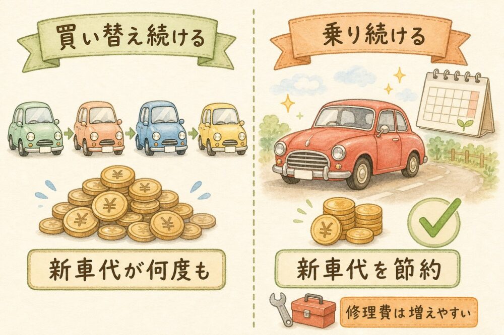 買い替え続ける場合と乗り続ける場合の費用比較図