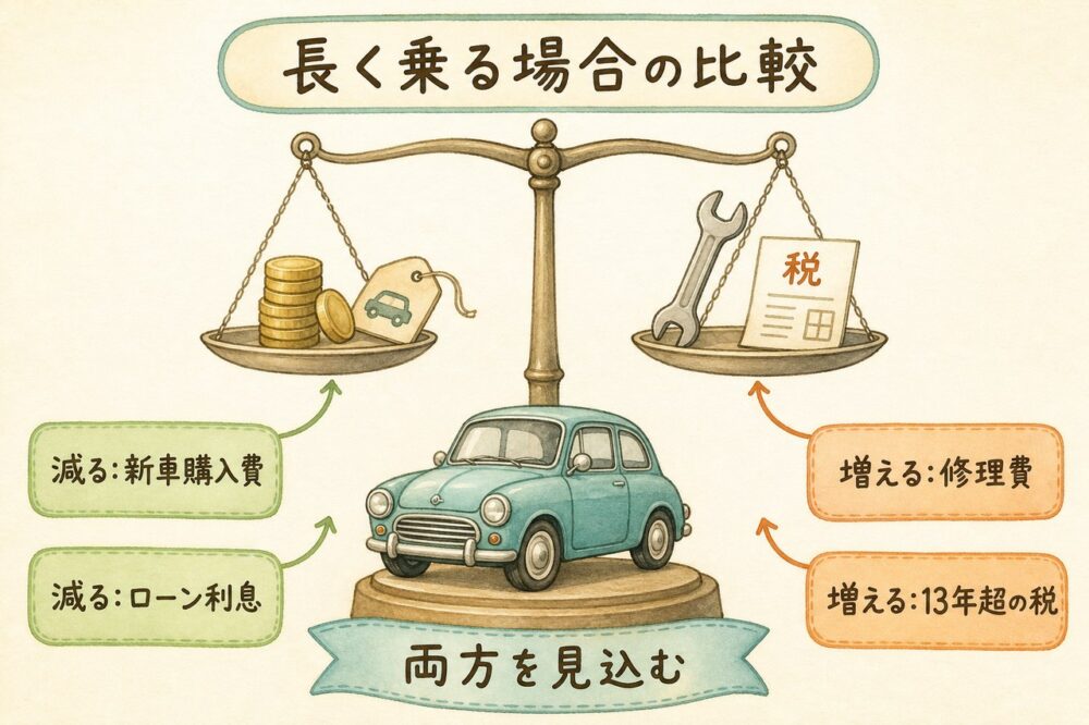 車を長く乗る際の節約費用と増える費用を比べる天秤図