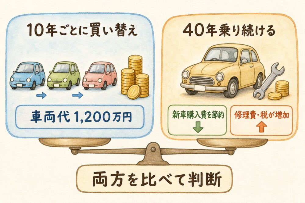 買い替えと40年乗り続ける場合の費用比較図