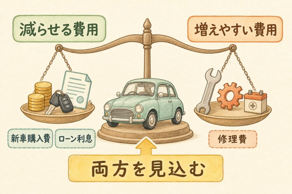 新車購入費の節約と修理費の増加を天秤で比べる図