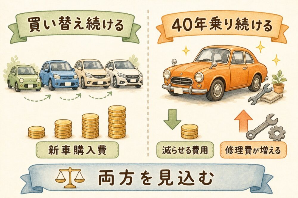 買い替え続ける場合と40年乗り続ける場合の費用比較図