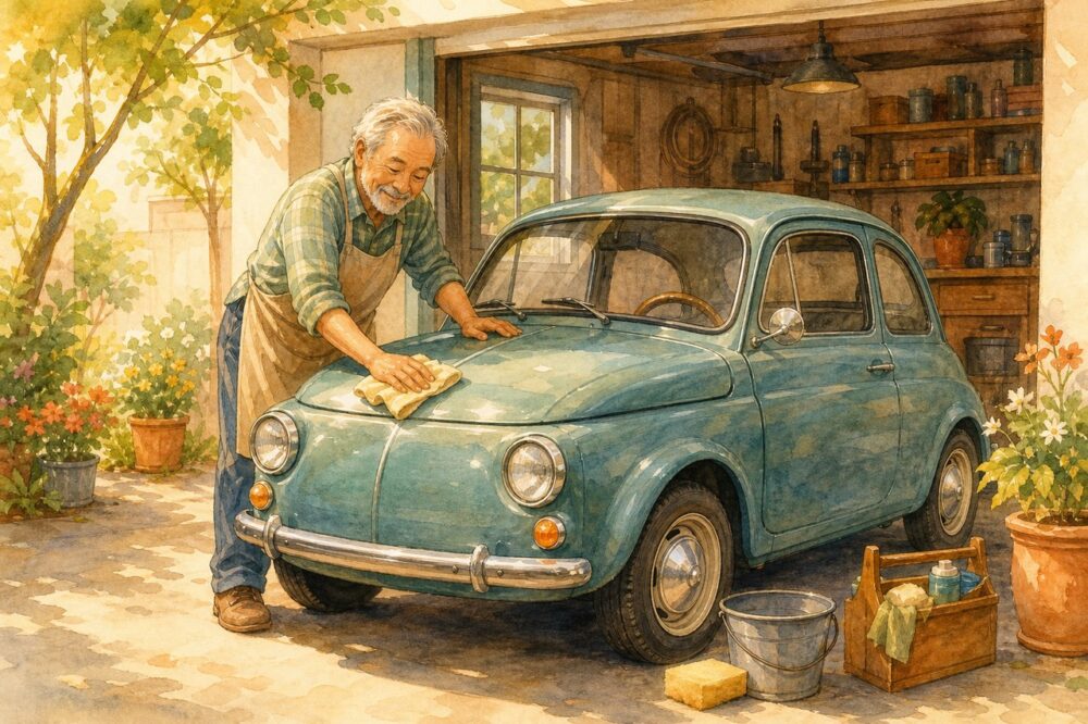 古い愛車を笑顔で磨く男性のイラスト