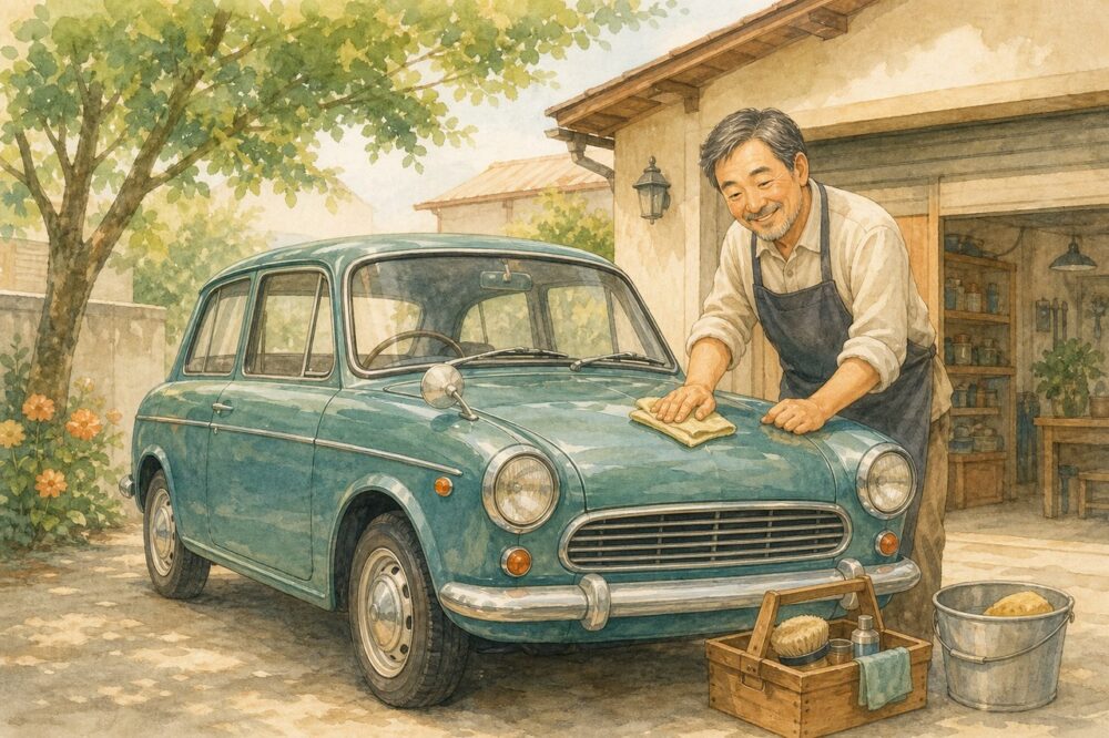 愛車を丁寧に磨く笑顔のオーナーと長年乗った車