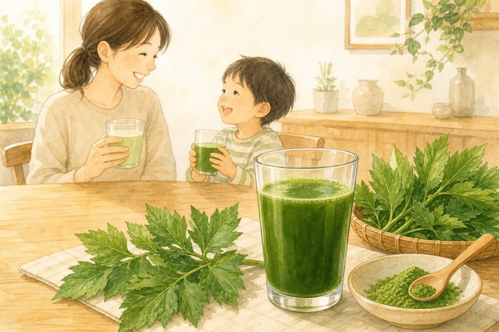 明日葉の葉と青汁を食卓で楽しむ親子