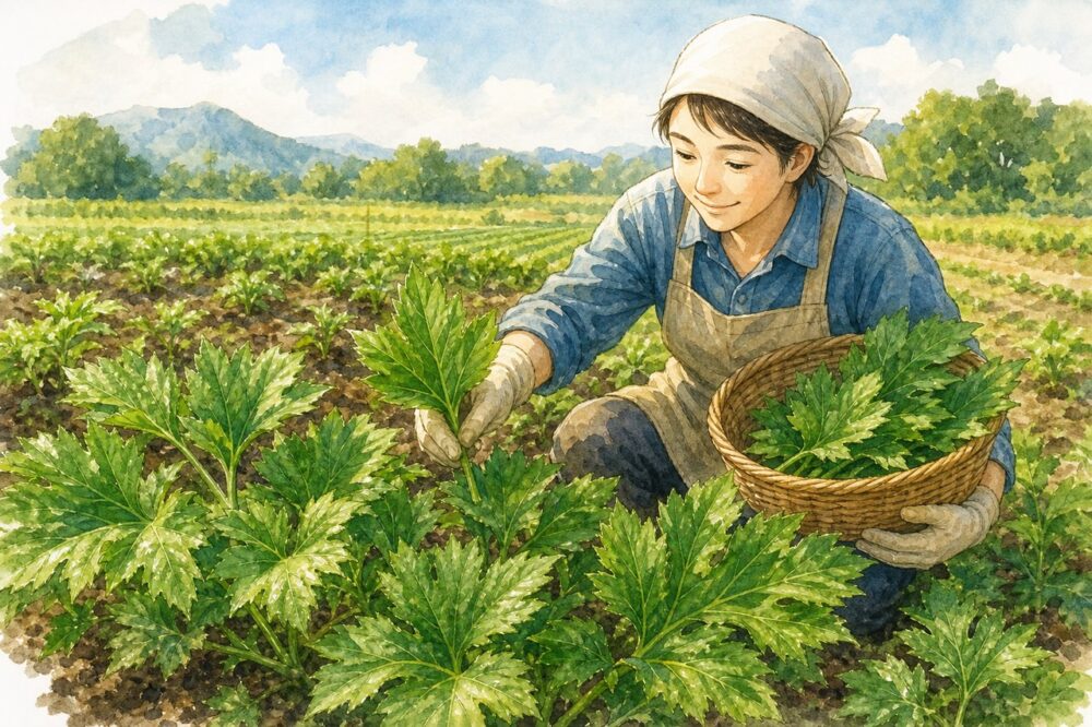 畑で明日葉を収穫する農家