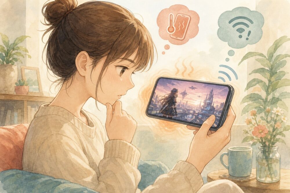 スマートフォンでゲームを遊び、原因を確かめる人