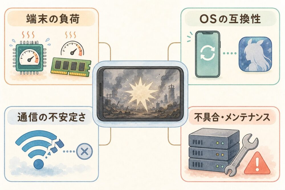 NIKKEが落ちる原因候補を端末、OS、通信、ゲーム側に分類した図