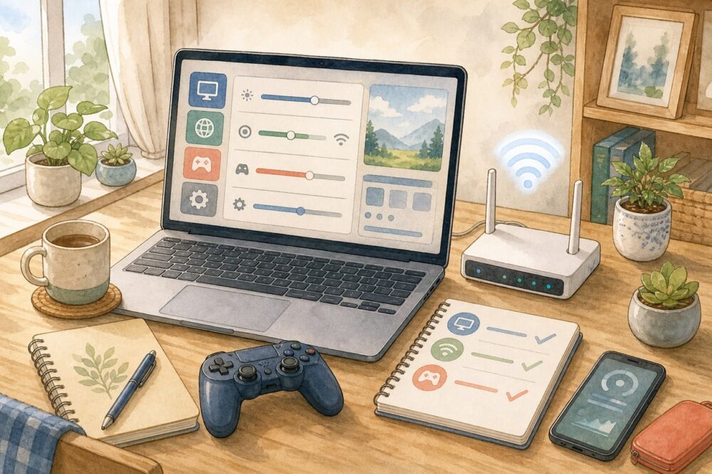 ノートPCの設定画面とルーターを確認するデスク