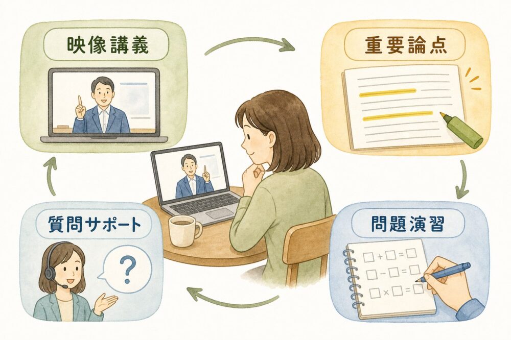 映像講義から問題演習、質問までの学習イメージ