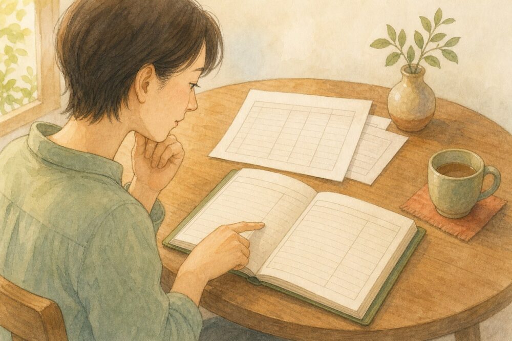 仕訳帳を確かめながら簿記の基礎を復習する受講生