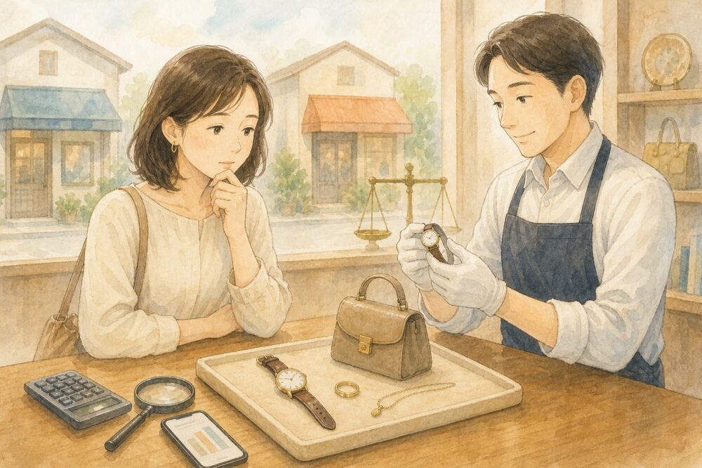 買取店で品物を並べ慎重に査定を考える女性のイラスト