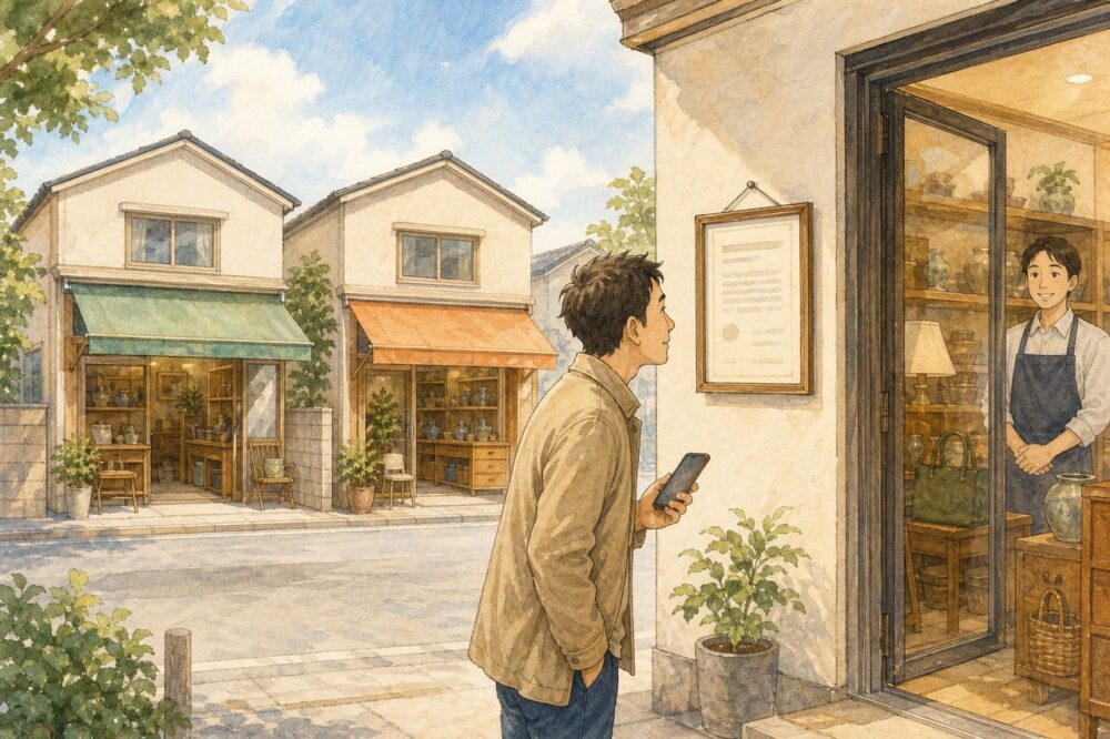 店頭の営業許可証を確かめる男性客のイラスト