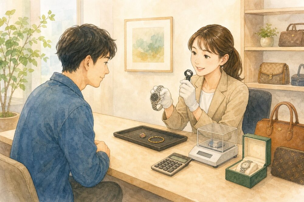 買取店のカウンターでオーナーとスタッフが査定品を確認する場面