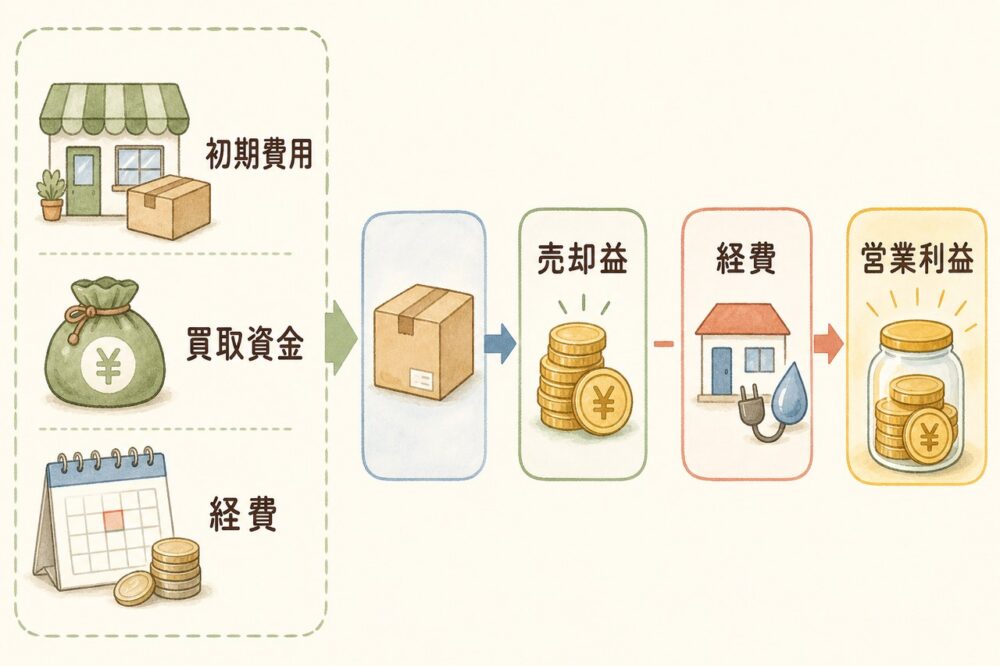 開業費用と買取資金、経費から営業利益が生まれる仕組みを示す図