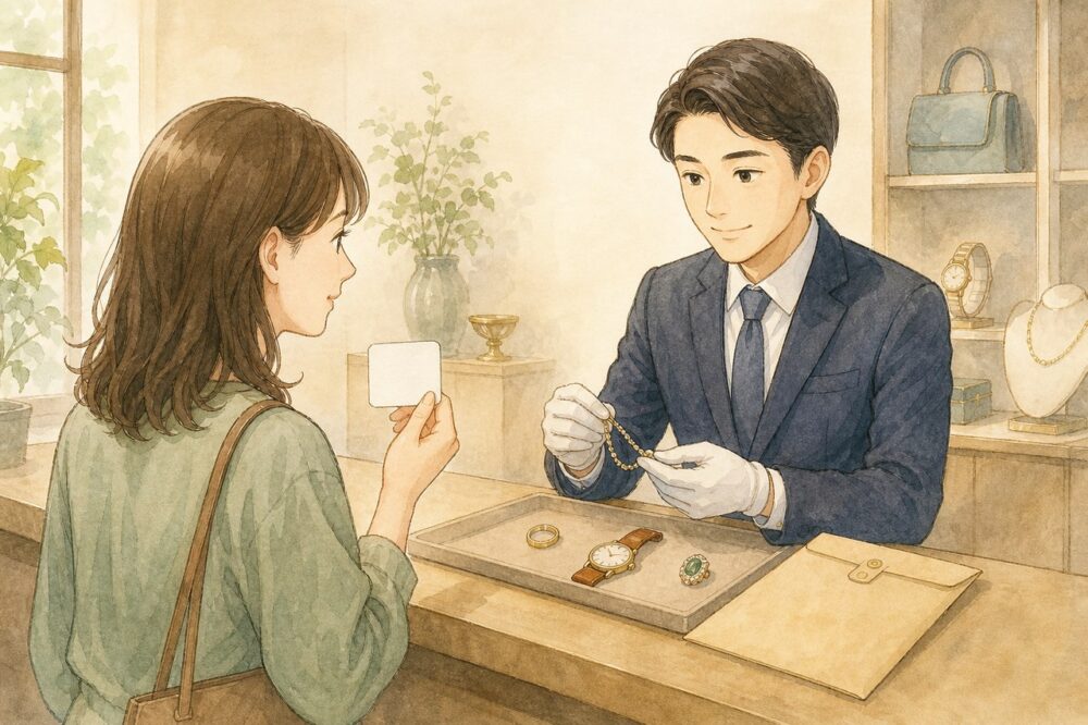 買取カウンターで身分証を確認しながら品物を査定する様子