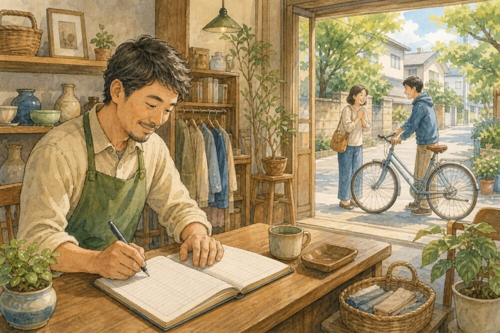 取引記録をつける店員と自転車を受け取る持ち主