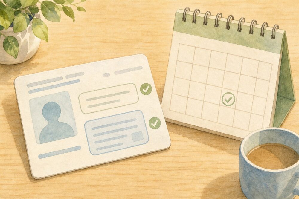 本人確認書類の期限や住所をカレンダーと照らして確認する場面