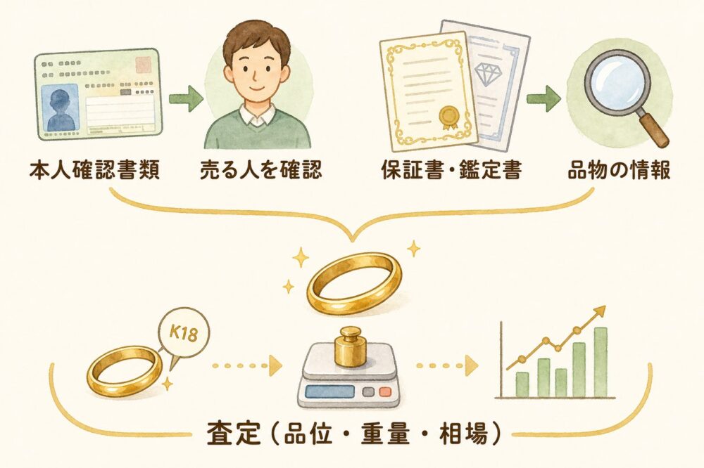 本人確認書類と品物の書類、金の査定項目を分けて示した図