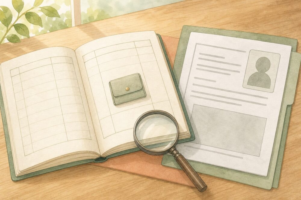 取引記録と身分証のコピーで品物の来歴を確認するイメージ