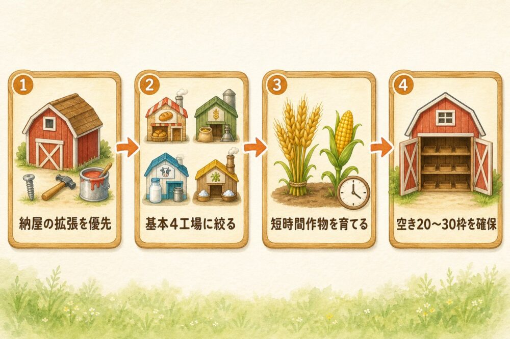 無課金の序盤攻略の4ステップを示す流れ図