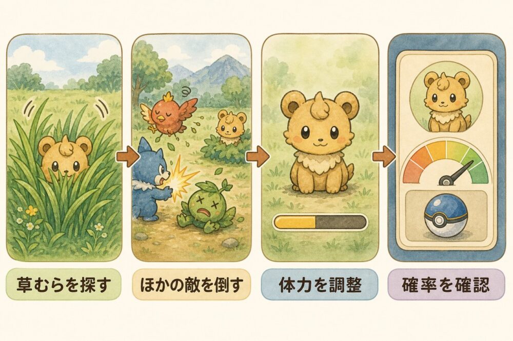 草むらの探索からミニグマの捕獲確率確認までを示す図