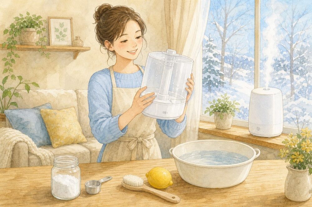 クエン酸で加湿器のタンクを掃除する笑顔の女性のイラスト