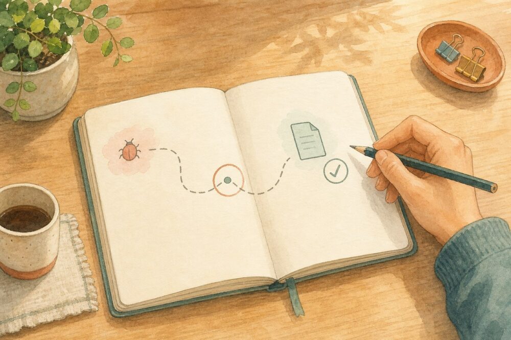 ノートに修正点を整理する手元と作業机