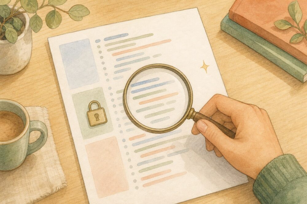 ログの内容を虫眼鏡で確認する手元
