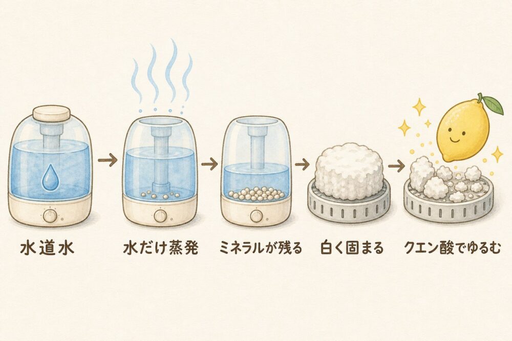 カルキ汚れの発生からクエン酸でゆるむまでの流れ図