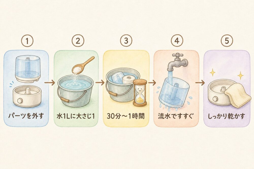 クエン酸つけ置き掃除の5ステップを示す手描き風フロー図