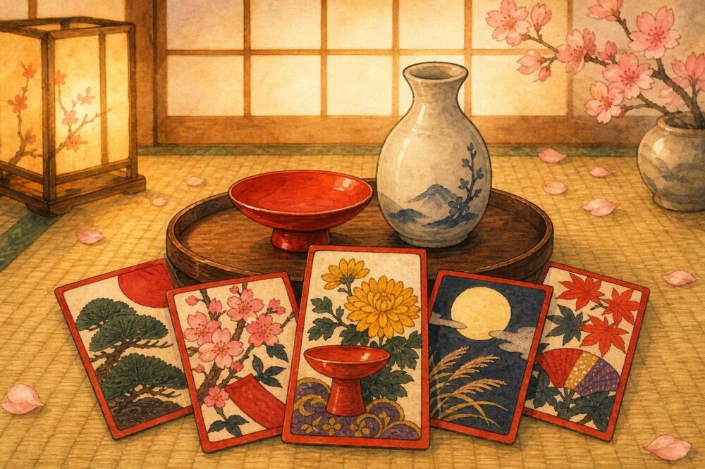 盃と徳利の前に菊に盃の花札が並ぶ和室のイラスト