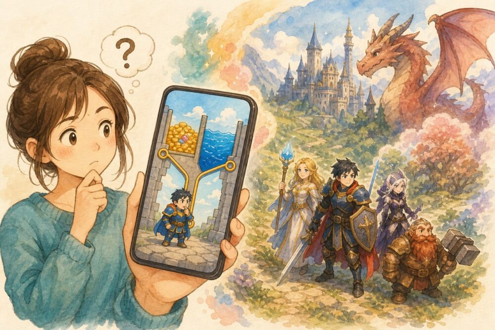 広告のパズルと冒険世界を見比べるプレイヤー