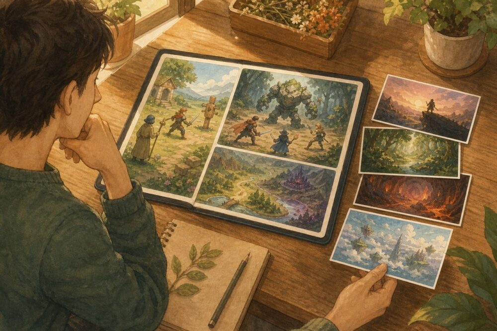 プレイヤーが広告資料とゲームの遊び方を落ち着いて確認する