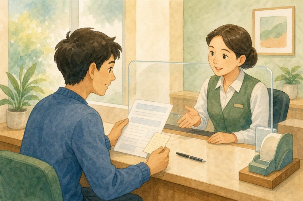 学生が銀行窓口で振込用紙を確認し、係員に相談している