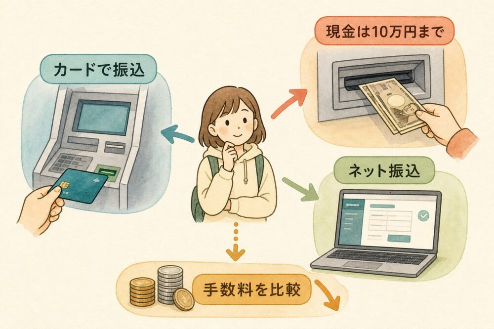 学生がカード、現金、ネット振込の方法と手数料を比べる図