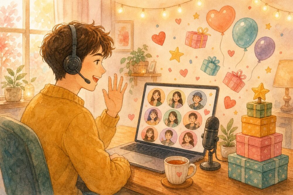 ノートPCでゲストと盛り上がるコラボ配信中の男性