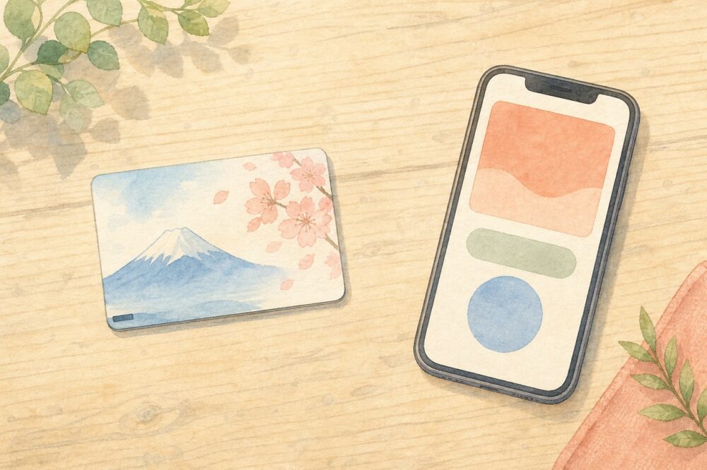 クオカードとスマートフォンが別々に置かれた机