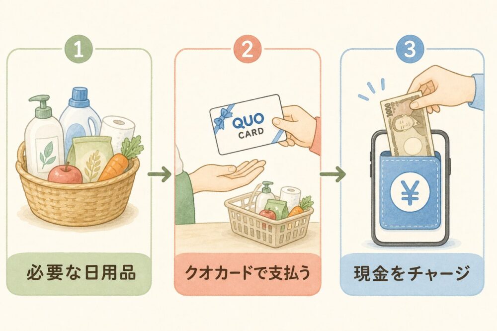 日用品をクオカードで払い、浮いた現金を電子マネーにチャージする流れ